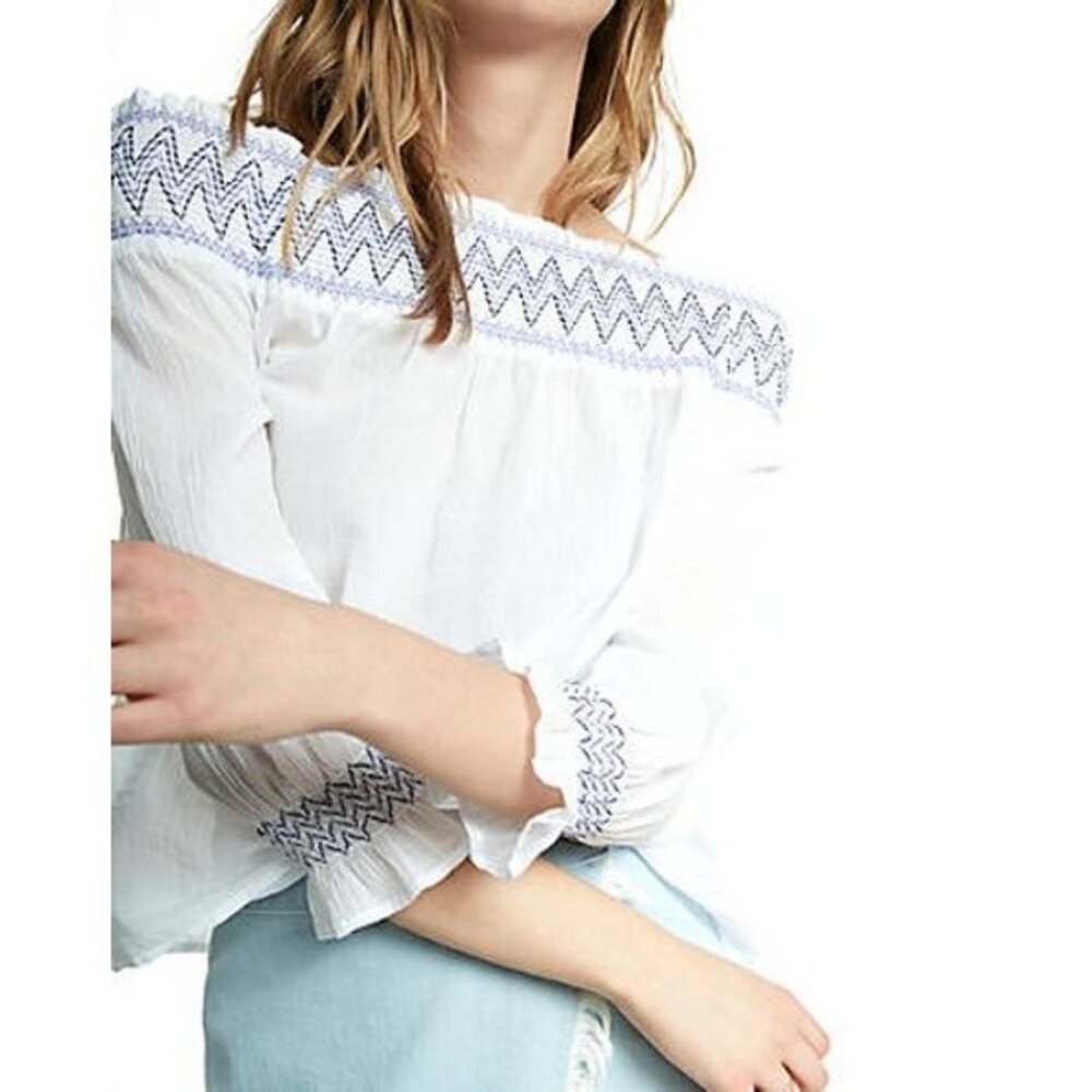 NWT Express Embroidered Smocked Off Shoulder Long Sleeve Blouse White XL